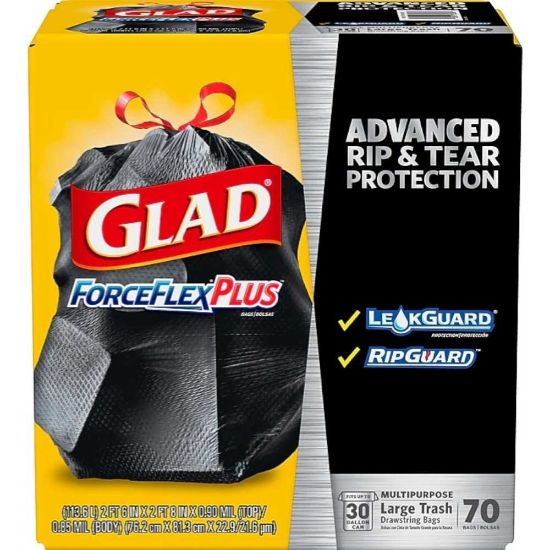 Picture of Glad ForceFlexPlus 30 Gallon Trash Bag, 5.31" x 10.06", Low Density, 0.90 mil, Black, 70/Box (70358)