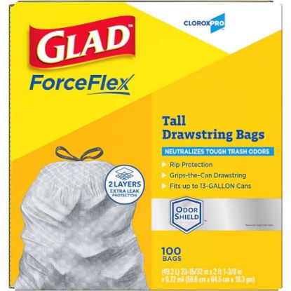 Picture of CloroxPro Glad ForceFlex 13 Gallon Tall Kitchen Trash Bag, 23.75" x 24.88", Low Density, .72 mil, Gray, 100/Box (70427)