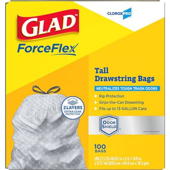 Picture of CloroxPro Glad ForceFlex 13 Gallon Tall Kitchen Trash Bag, 23.75" x 24.88", Low Density, .72 mil, Gray, 100/Box (70427)